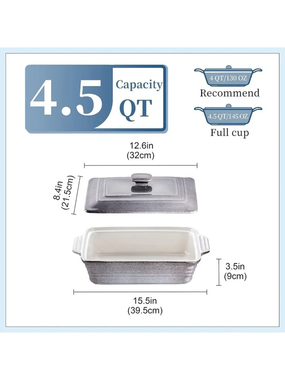 4.5 Quart Grey Ceramic Casserole Dish with Lid Oven Microwave Baking Pan